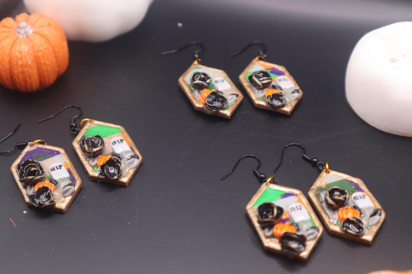 Halloween inspired Graveyard dangles,polymer clay lightweight with resin, handmade beautiful earrings, Nickel free findings.