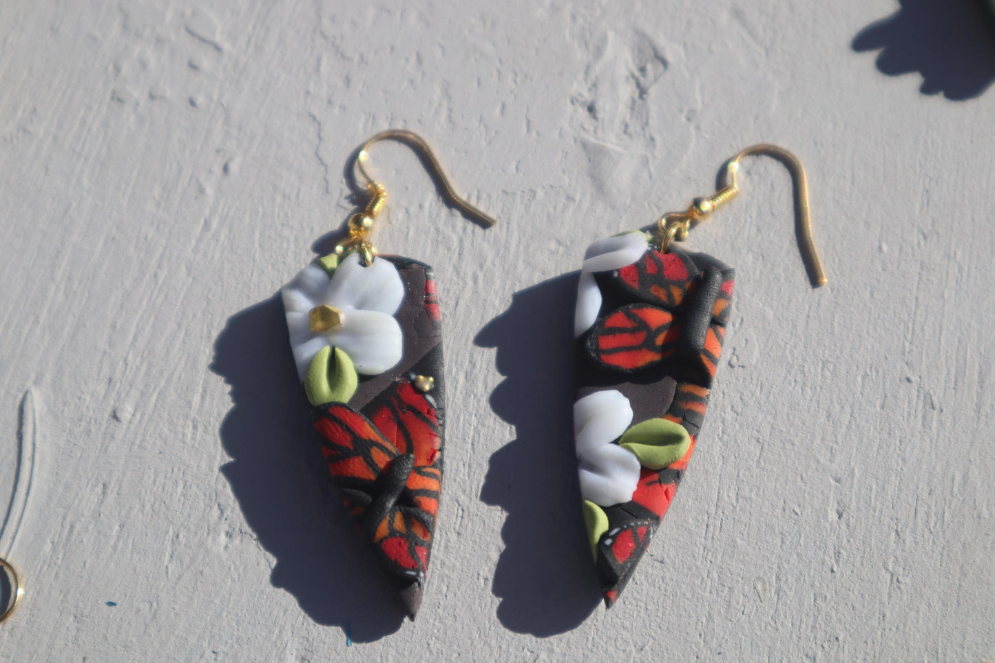 Monarch Madness dagger shape floral dangles, clay lightweight handmade beautiful  earrings, polymer clay, Nickel free findings