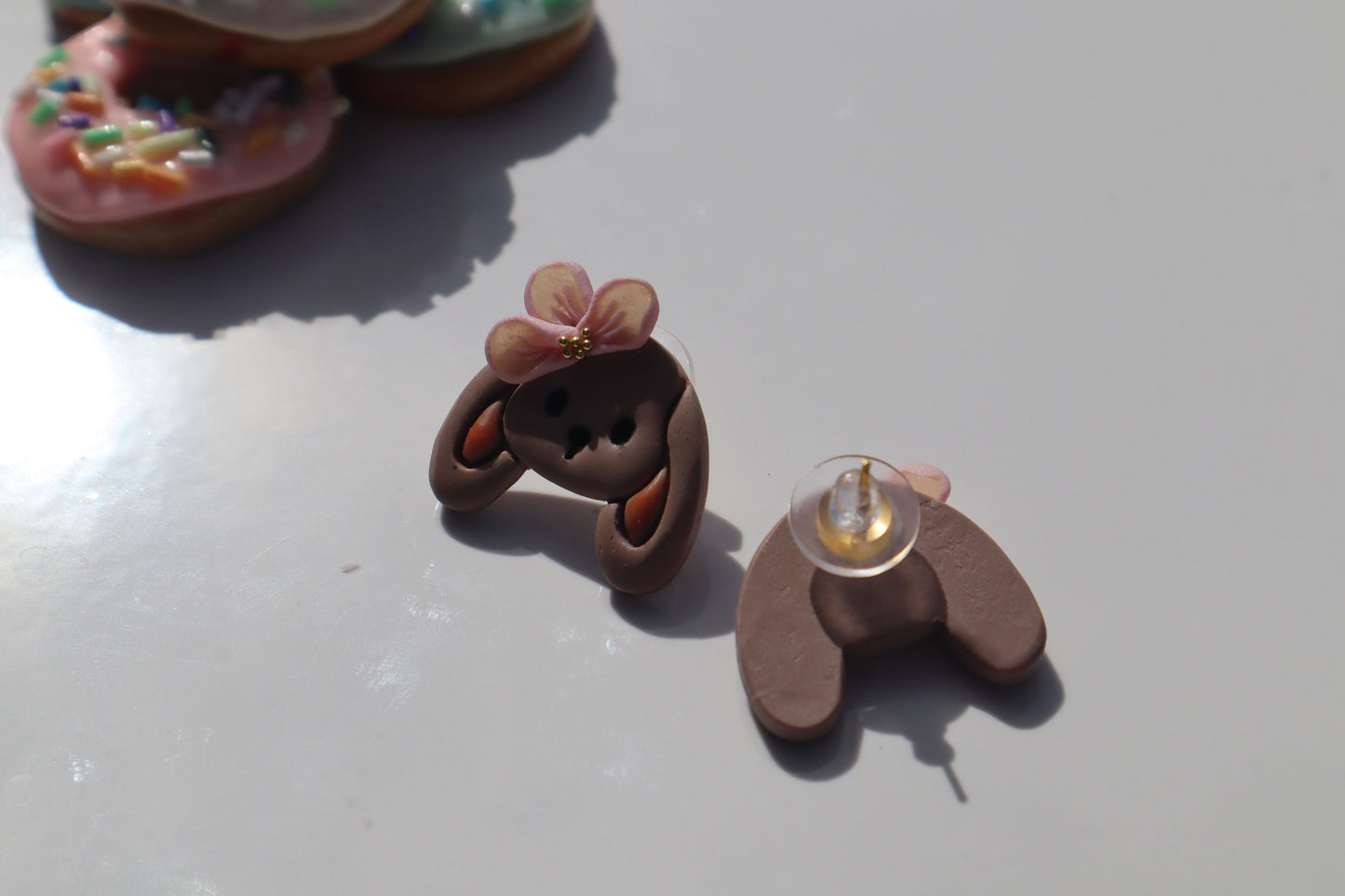 Bunny and flower studs, Resin, clay gold balls lightweight handmade beautiful stud earrings, polymer clay, Nickel free gold findings.