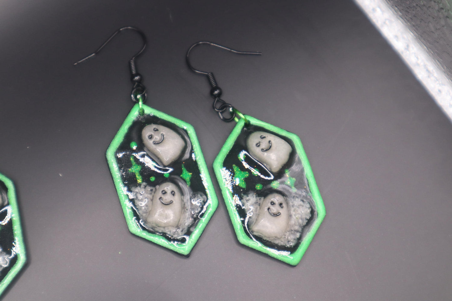 Halloween inspired dangles,polymer clay lightweight with resin, handmade beautiful earrings, Nickel free findings. Ghosts in the night