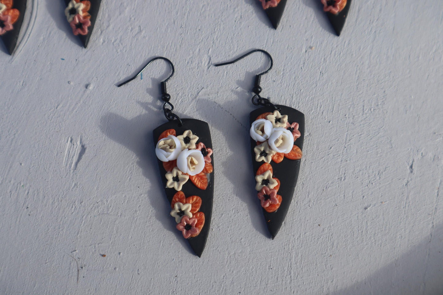 Halloween floral dagger shape dangles, clay lightweight handmade beautiful  earrings, polymer clay, Nickel free findings fall autumn