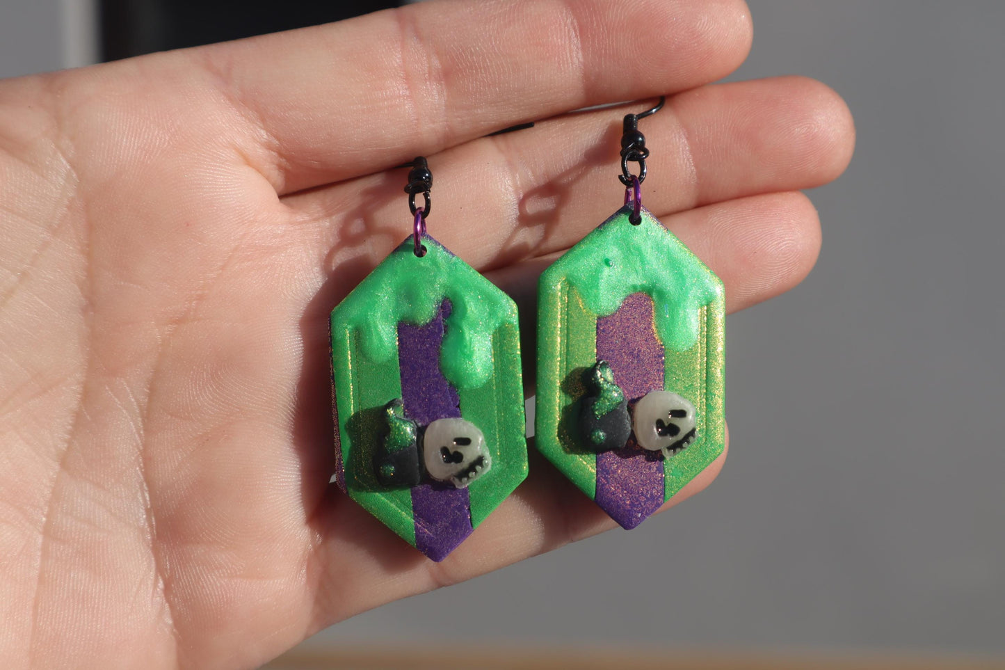 Halloween inspired dangles,polymer clay lightweight with resin, handmade beautiful earrings, Nickel free findings. Beetle juice and ghostly