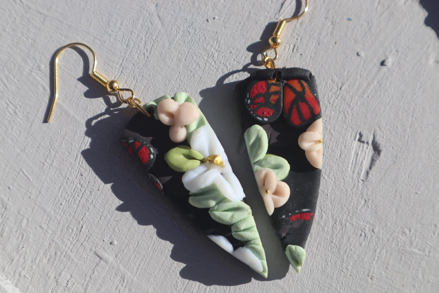 Monarch Madness dagger shape floral dangles, clay lightweight handmade beautiful  earrings, polymer clay, Nickel free findings