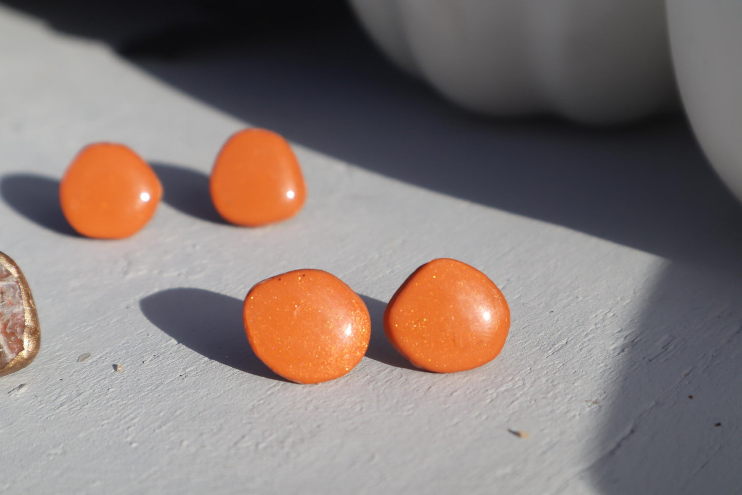 Hand cut Faux stone and shimmering orange studs,polymer clay lightweight with resin, handmade beautiful earrings,Nickel free findings