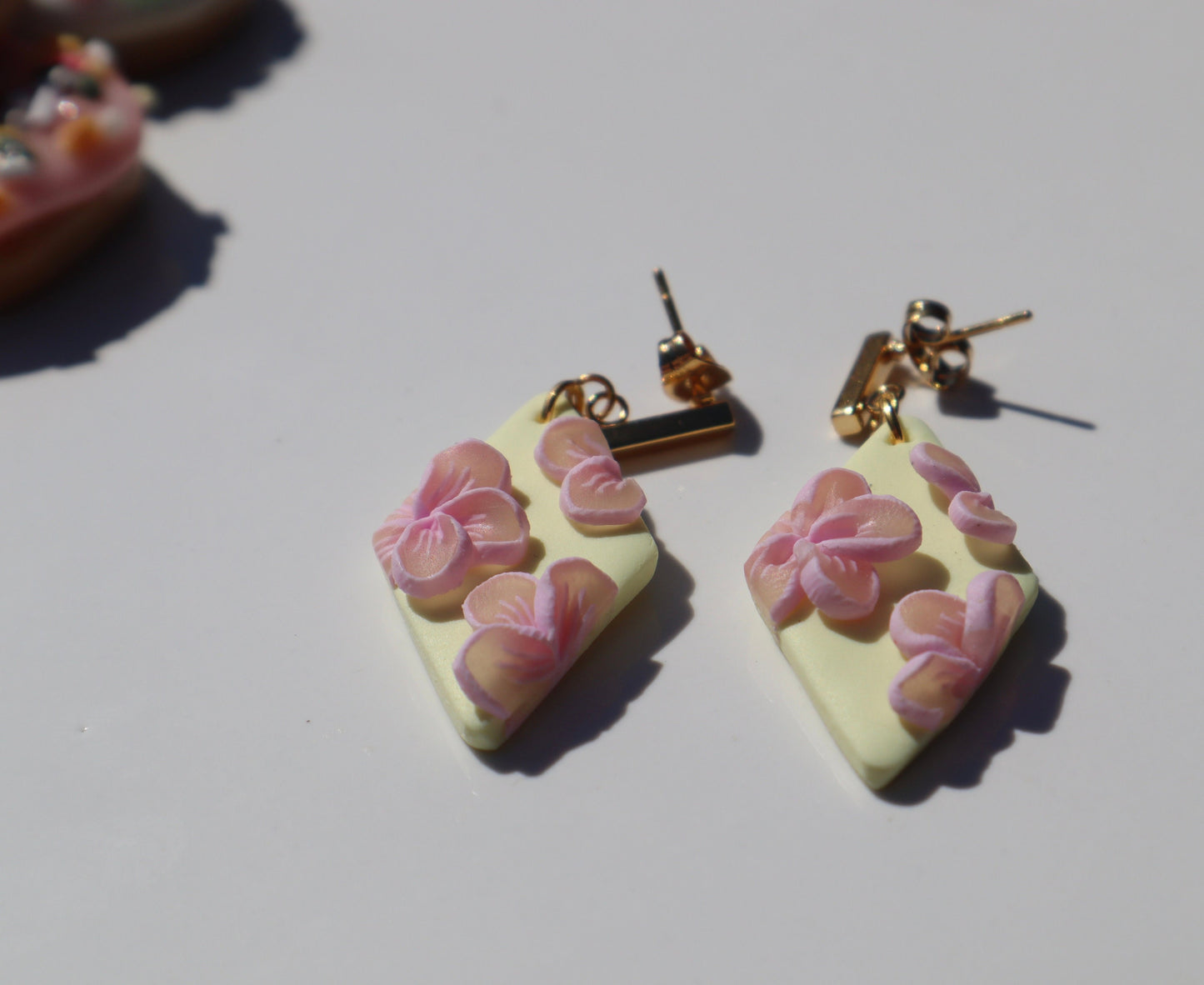 Pastel yellow flower dangle studs, clay lightweight handmade beautiful stud earrings, polymer clay, Nickel free 18k gold plated findings.