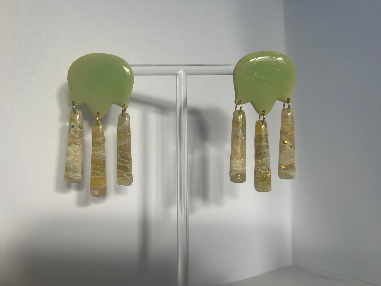 Green, Gold, Yellow, Glitter, Resin Faux stone polymer clay lightweight dangle studs. Nickel free handmade, Beautiful,Unique,Spring,earrings