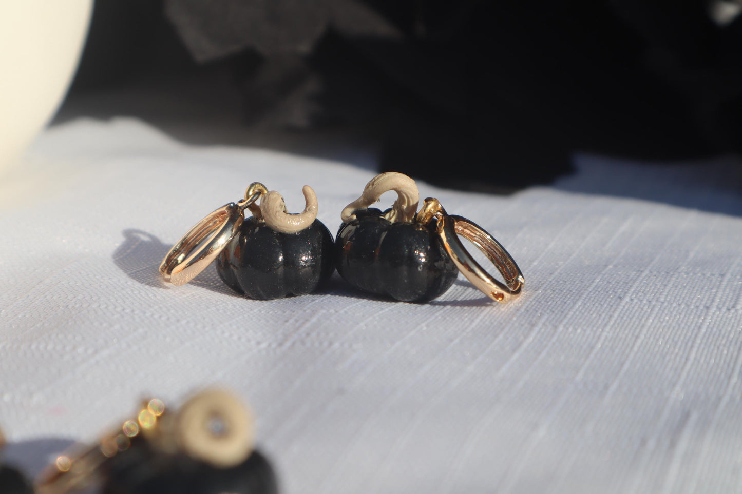Miniature black pumpkin Huggies,  huggys gold plated 18k gold ,  lightweight handmade beautiful unique earrings. Halloween Autumn Fall