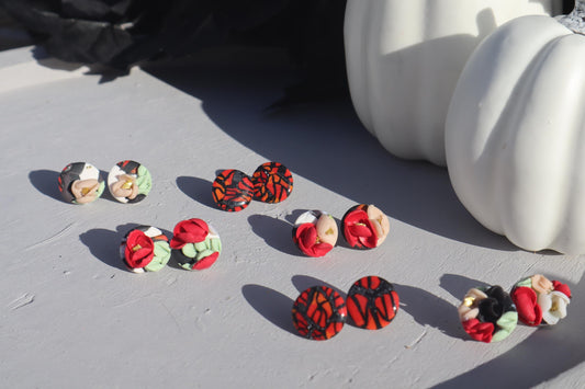 Monarch Madness stud pack, clay lightweight handmade beautiful  earrings, polymer clay, Nickel free findings. One floral and one monarch