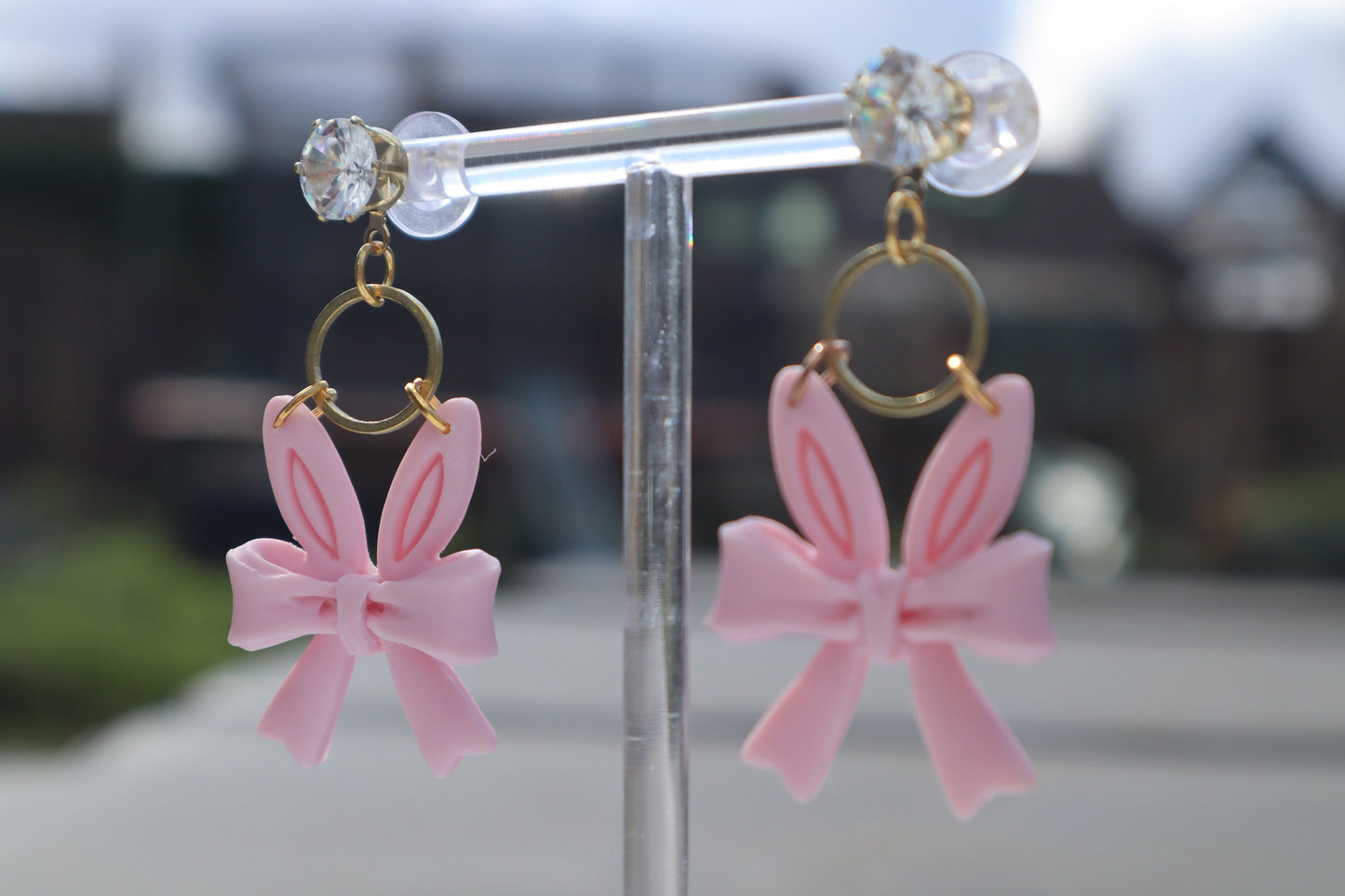 Bunny ear bow dangles, pink/gold diamanté lightweight handmade beautiful stud earrings, polymer clay, Nickel free gold findings.