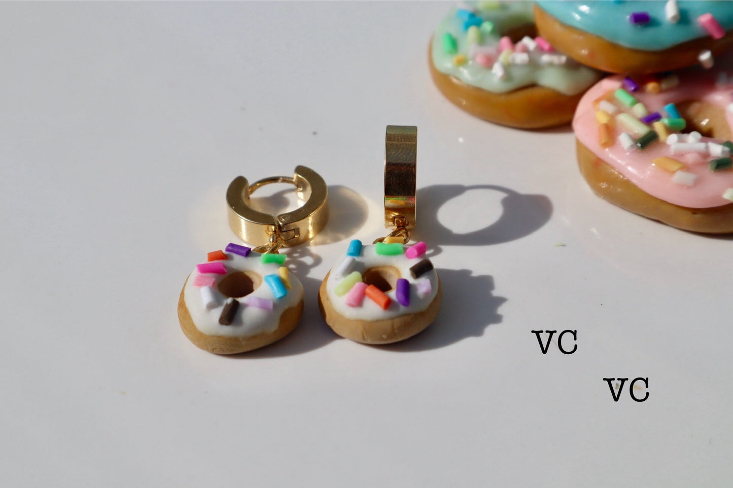 Miniature iced sprinkle doughnut Huggys 18k gold plated huggys 10/12mm lightweight handmade beautiful unique earrings, polymer clay doughnut