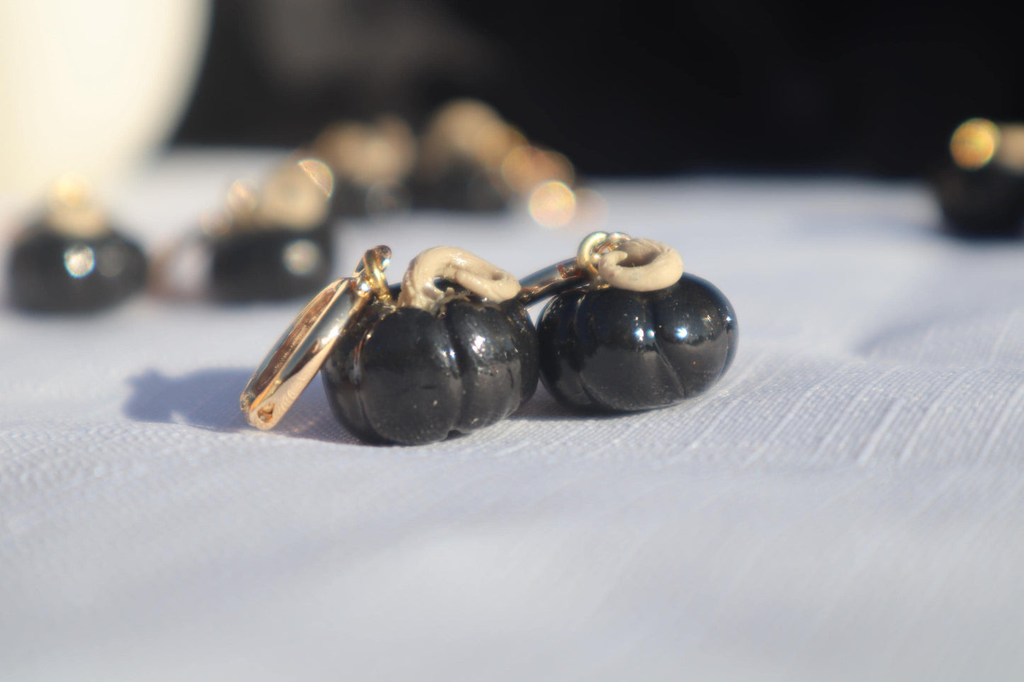 Miniature black pumpkin Huggies,  huggys gold plated 18k gold ,  lightweight handmade beautiful unique earrings. Halloween Autumn Fall