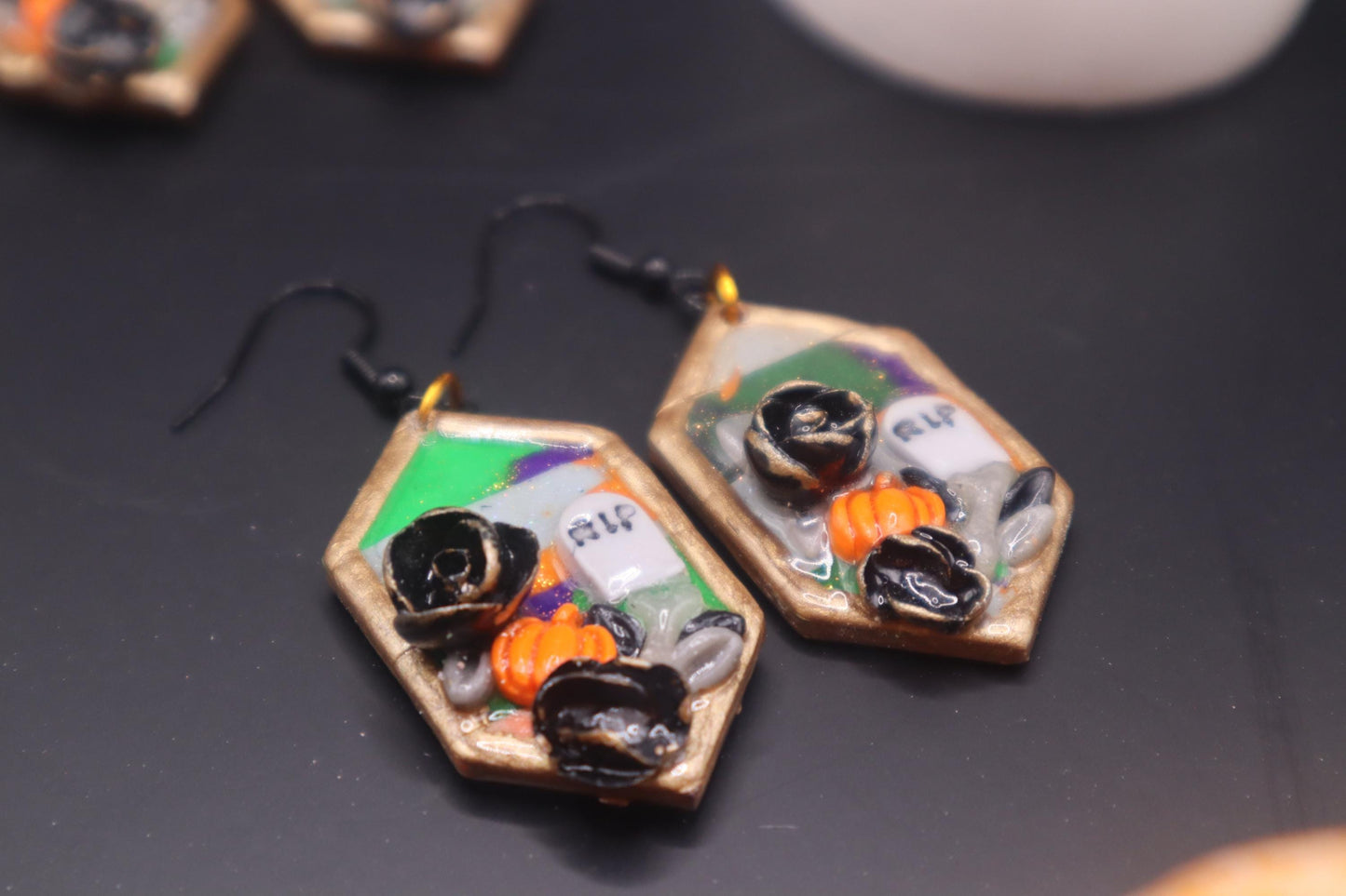 Halloween inspired Graveyard dangles,polymer clay lightweight with resin, handmade beautiful earrings, Nickel free findings.