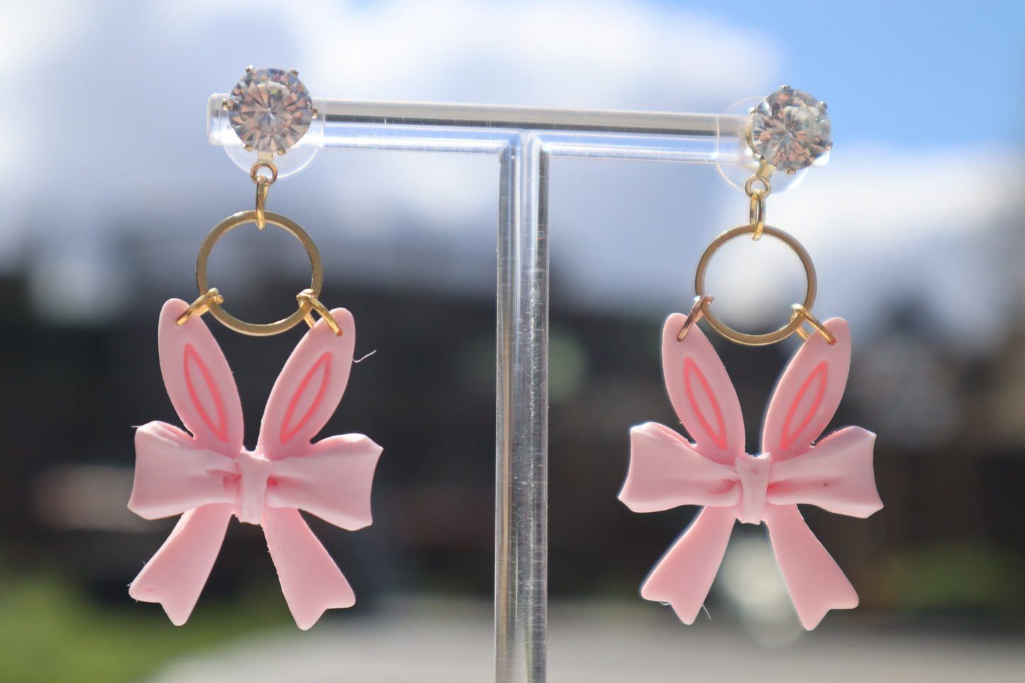Bunny ear bow dangles, pink/gold diamanté lightweight handmade beautiful stud earrings, polymer clay, Nickel free gold findings.
