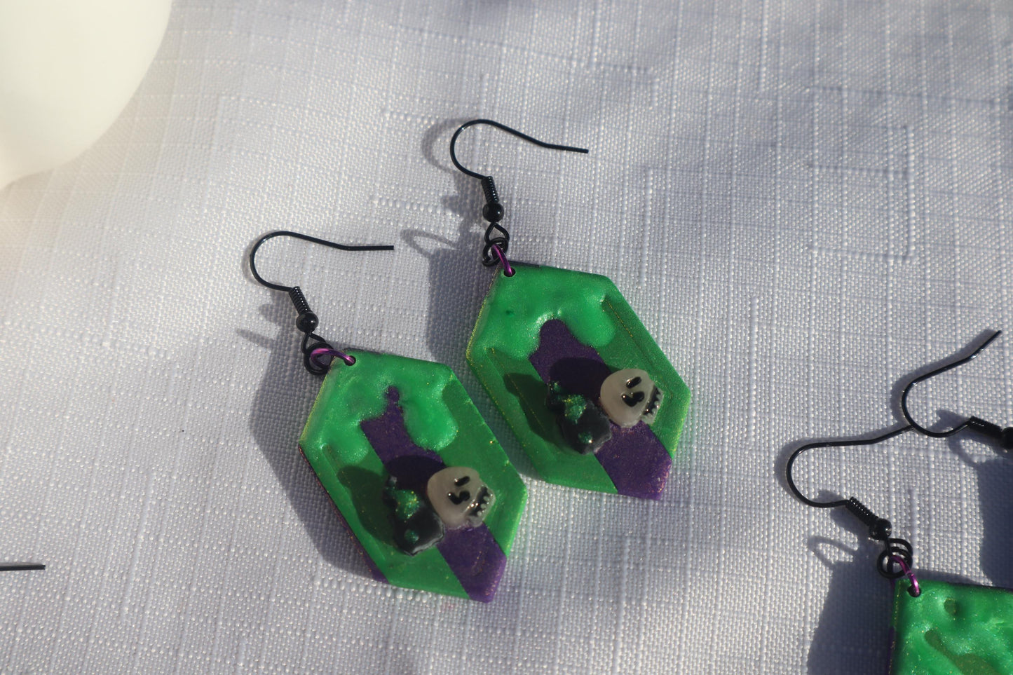Halloween inspired dangles,polymer clay lightweight with resin, handmade beautiful earrings, Nickel free findings. Beetle juice and ghostly