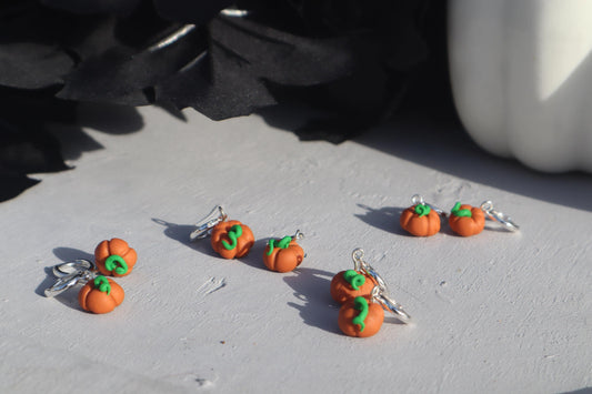 Miniature orange pumpkin Huggies 925 sterling silver lightweight handmade beautiful unique earrings, polymer clay fall Halloween pumpkins