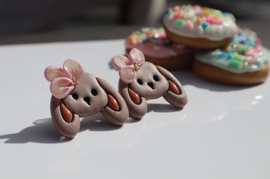 Bunny and flower studs, Resin, clay gold balls lightweight handmade beautiful stud earrings, polymer clay, Nickel free gold findings.