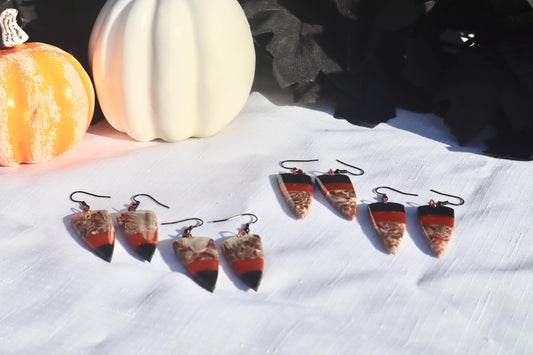 Fall inspired dangles,polymer clay lightweight with resin, handmade beautiful earrings, Nickel free findings. Demure candy corn autumn