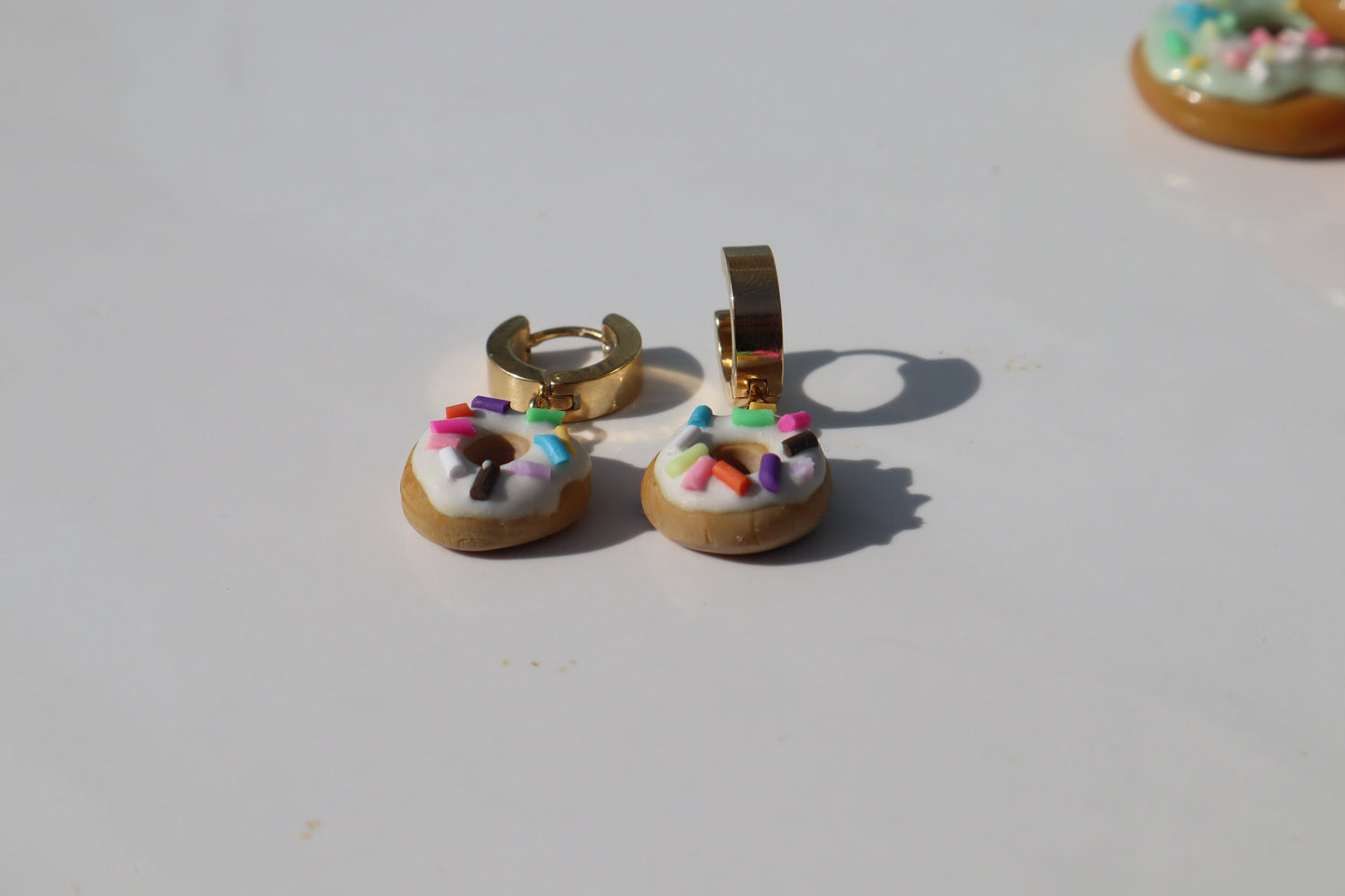 Miniature iced sprinkle doughnut Huggys 18k gold plated huggys 10/12mm lightweight handmade beautiful unique earrings, polymer clay doughnut