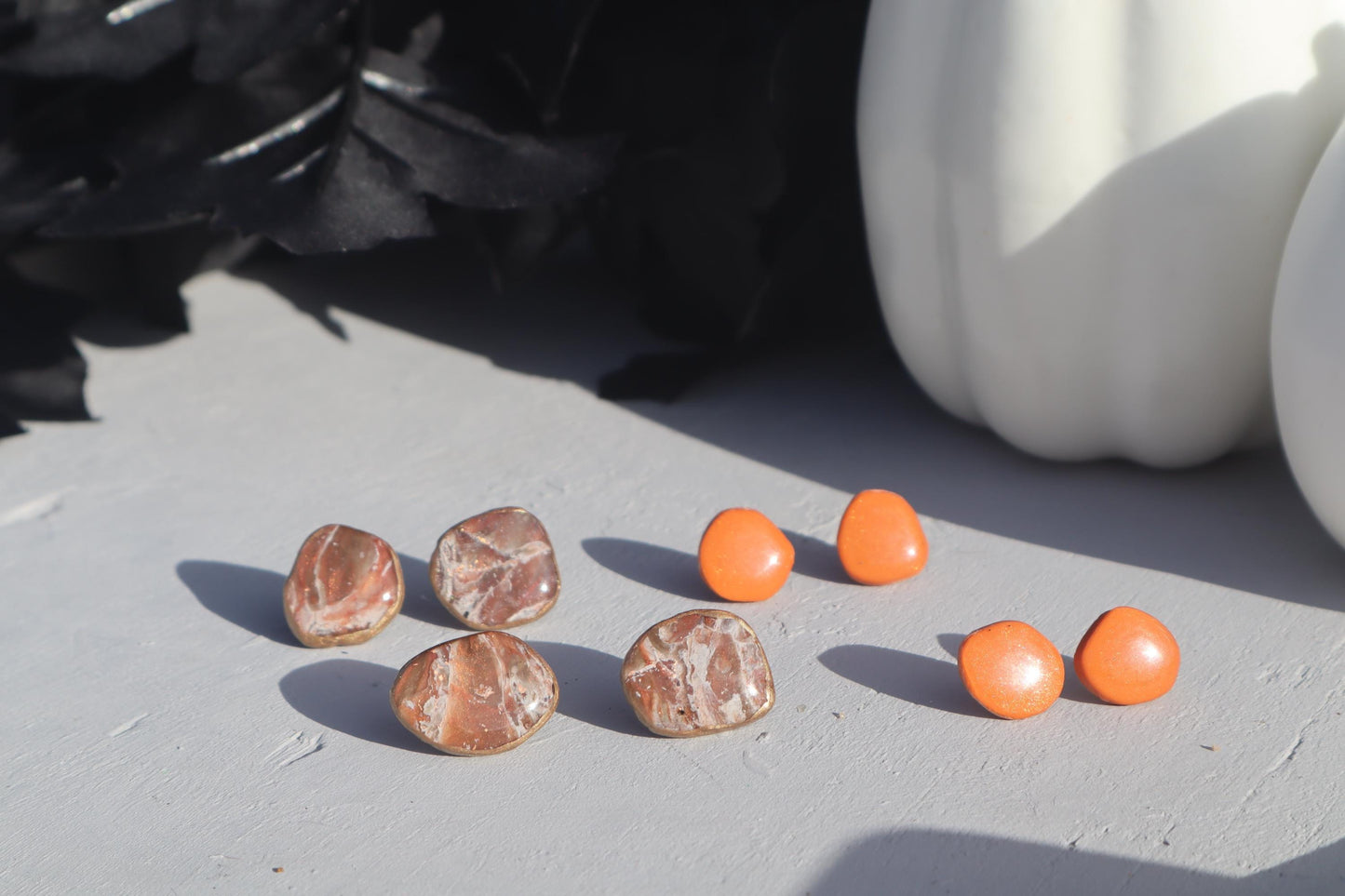 Hand cut Faux stone and shimmering orange studs,polymer clay lightweight with resin, handmade beautiful earrings,Nickel free findings