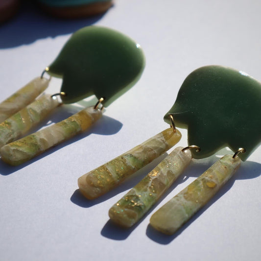 Green, Gold, Yellow, Glitter, Resin Faux stone polymer clay lightweight dangle studs. Nickel free handmade, Beautiful,Unique,Spring,earrings