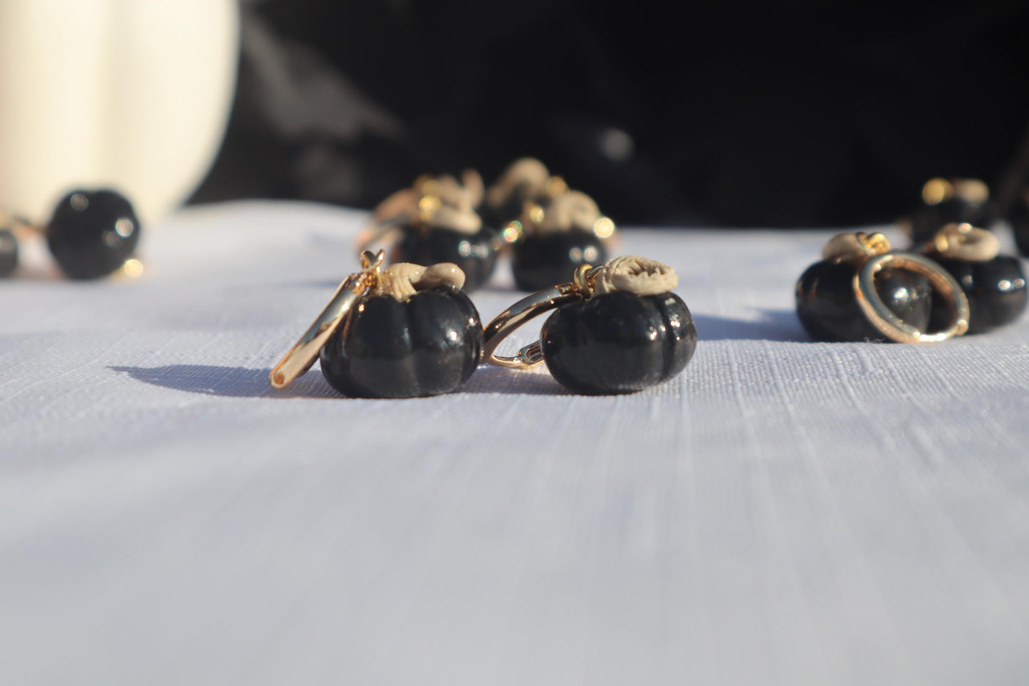 Miniature black pumpkin Huggies,  huggys gold plated 18k gold ,  lightweight handmade beautiful unique earrings. Halloween Autumn Fall