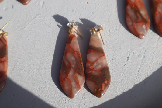 Faux stone and copper dangles with gem stone posts ,polymer clay lightweight with resin, handmade beautiful earrings, Nickel free findings