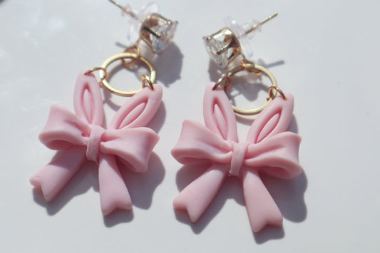 Bunny ear bow dangles, pink/gold diamanté lightweight handmade beautiful stud earrings, polymer clay, Nickel free gold findings.