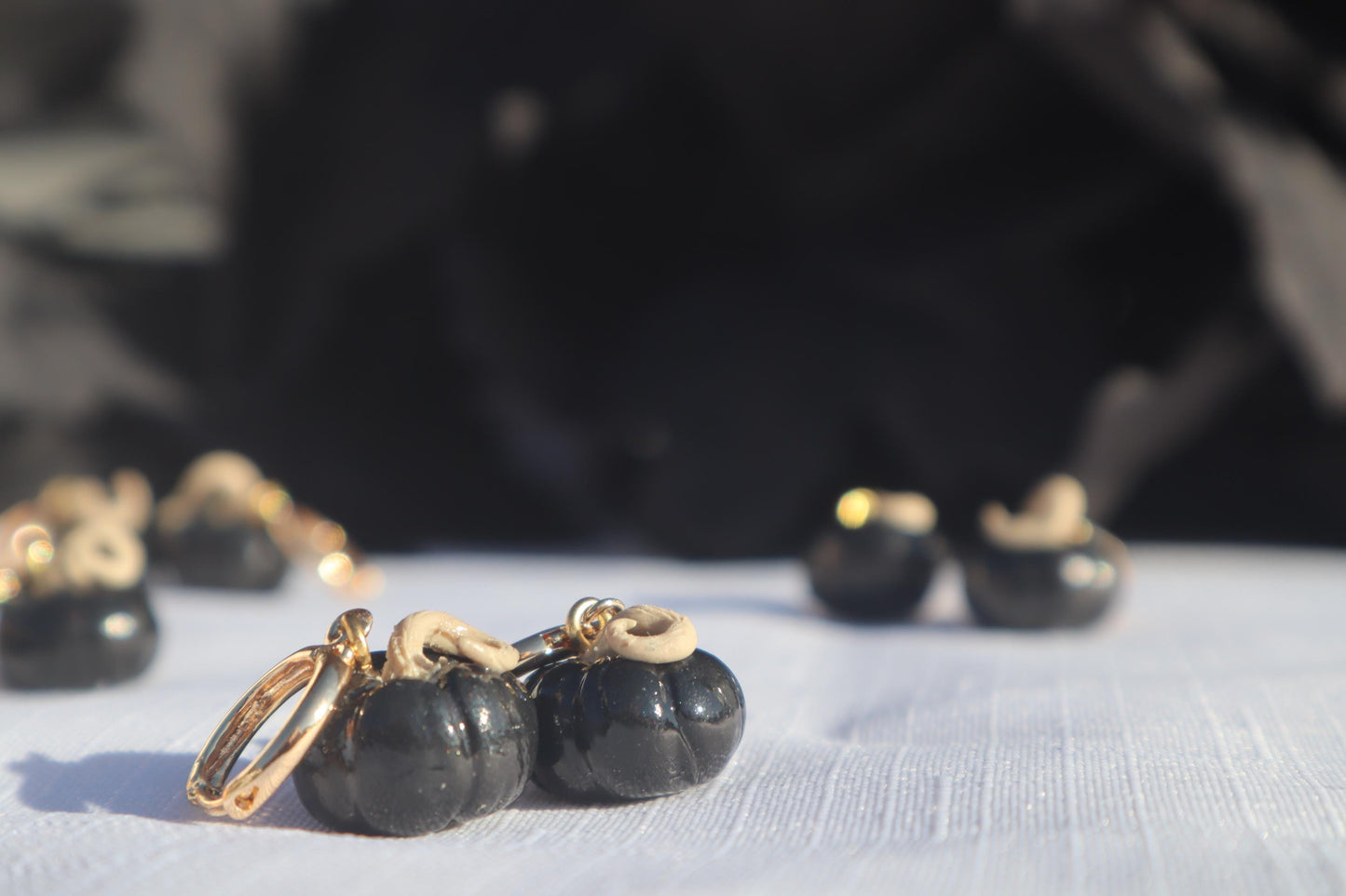Miniature black pumpkin Huggies,  huggys gold plated 18k gold ,  lightweight handmade beautiful unique earrings. Halloween Autumn Fall