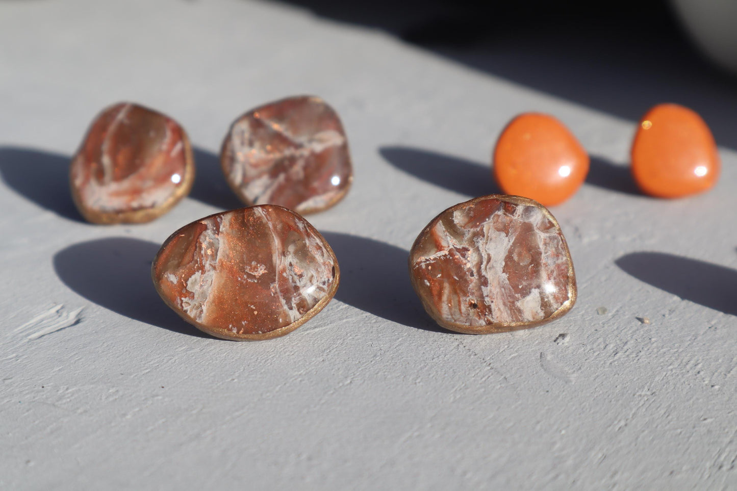 Hand cut Faux stone and shimmering orange studs,polymer clay lightweight with resin, handmade beautiful earrings,Nickel free findings