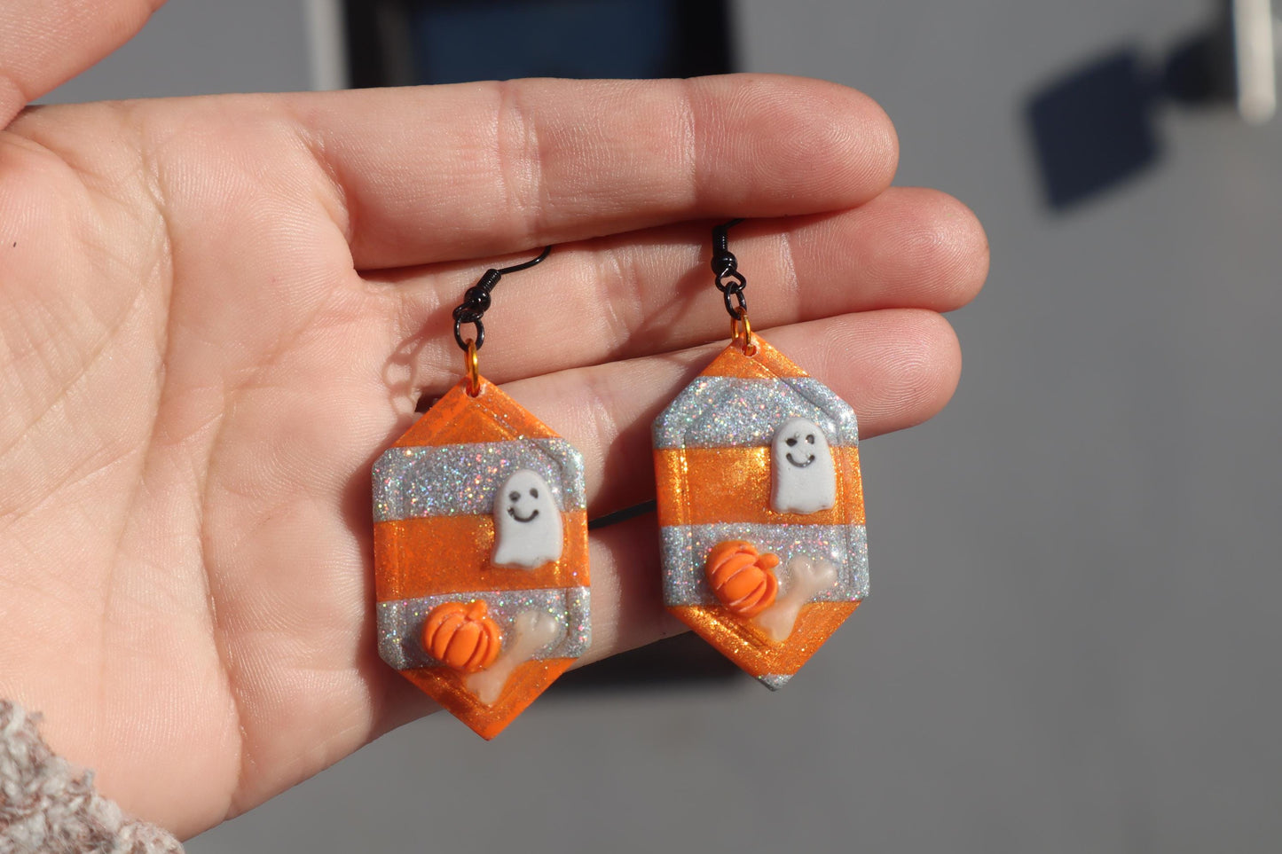Halloween inspired dangles,polymer clay lightweight with resin, handmade beautiful earrings, Nickel free findings. Beetle juice and ghostly