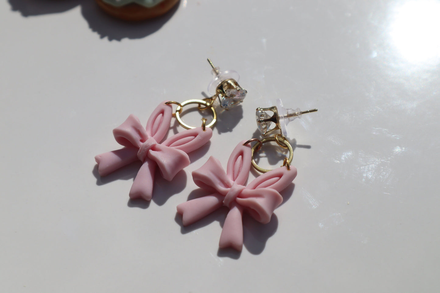Bunny ear bow dangles, pink/gold diamanté lightweight handmade beautiful stud earrings, polymer clay, Nickel free gold findings.