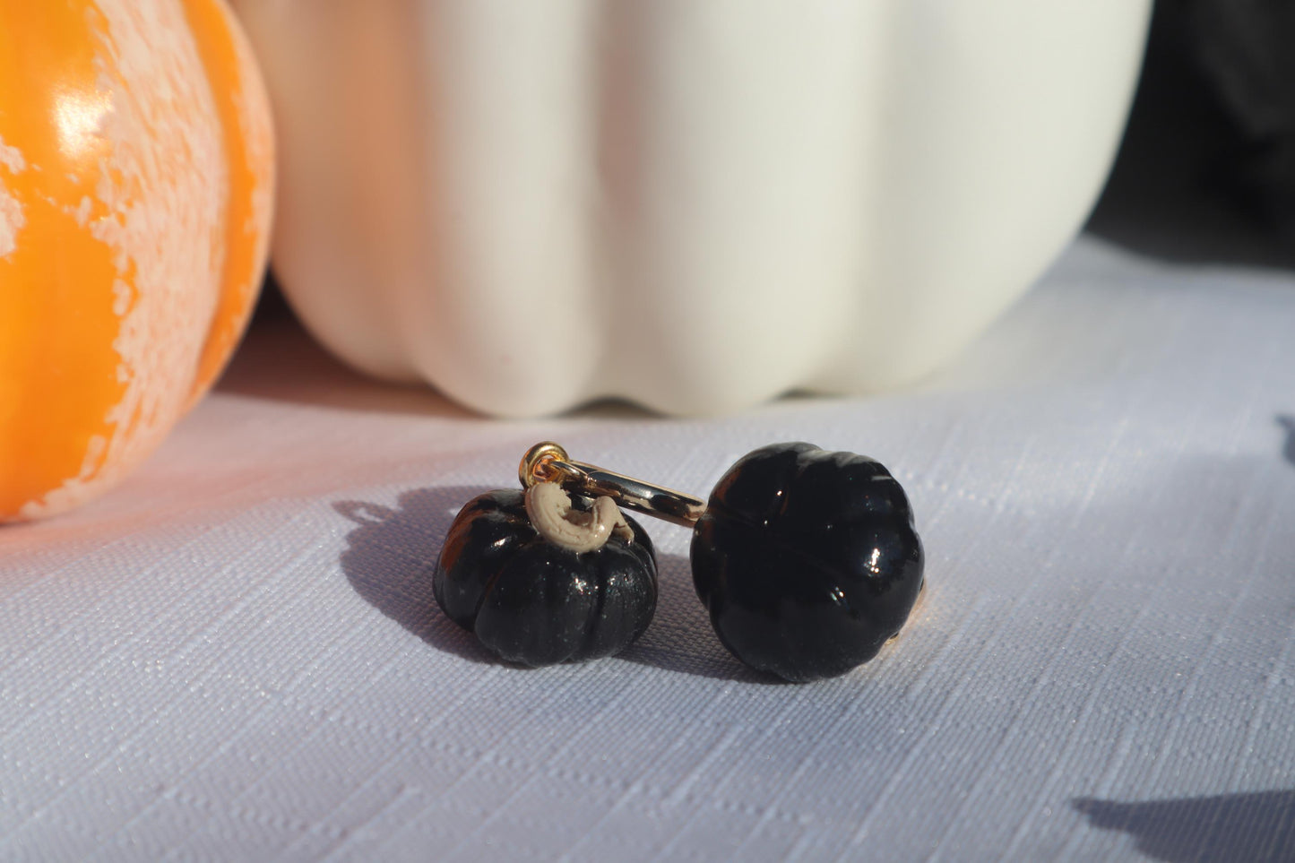 Miniature black pumpkin Huggies,  huggys gold plated 18k gold ,  lightweight handmade beautiful unique earrings. Halloween Autumn Fall