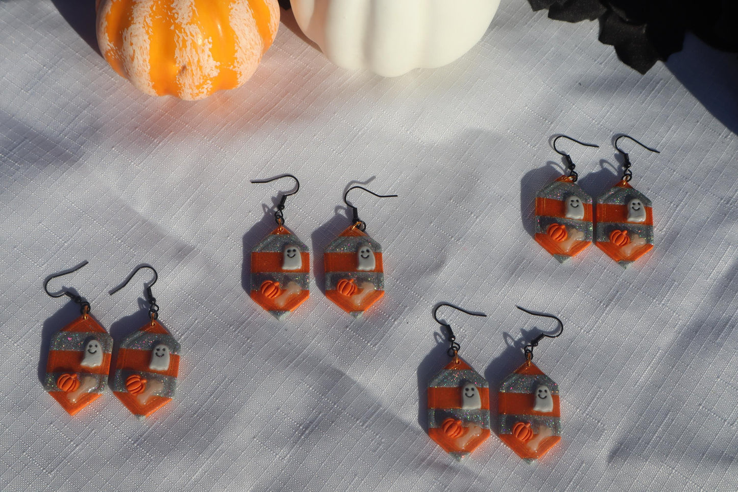 Halloween inspired dangles,polymer clay lightweight with resin, handmade beautiful earrings, Nickel free findings. Beetle juice and ghostly