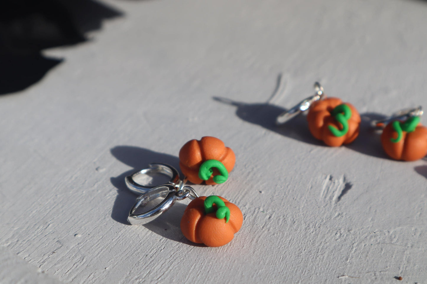 Miniature orange pumpkin Huggies 925 sterling silver lightweight handmade beautiful unique earrings, polymer clay fall Halloween pumpkins