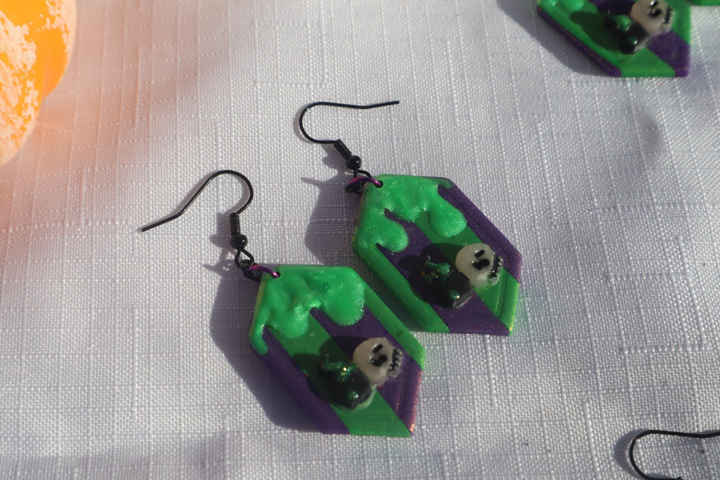 Halloween inspired dangles,polymer clay lightweight with resin, handmade beautiful earrings, Nickel free findings. Beetle juice and ghostly